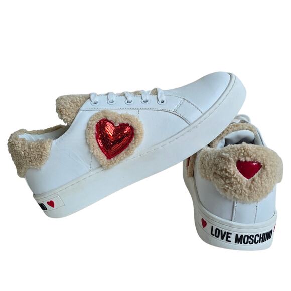Love Moschino Sequin Heart Sneakers Size EU41 US 11 Shearling Trim White Leather - Picture 1 of 15